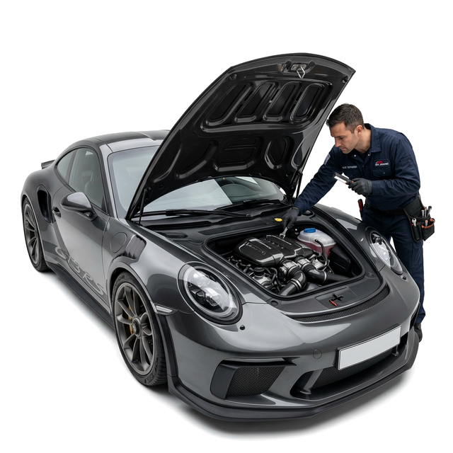 Mekanik ahli menginspeksi mobil mewah premium di bengkel Pitcar